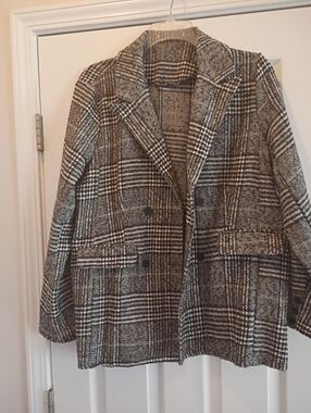 Women’s Plaid Double-Breasted Coat Jacket - Brown/Black (,XL)